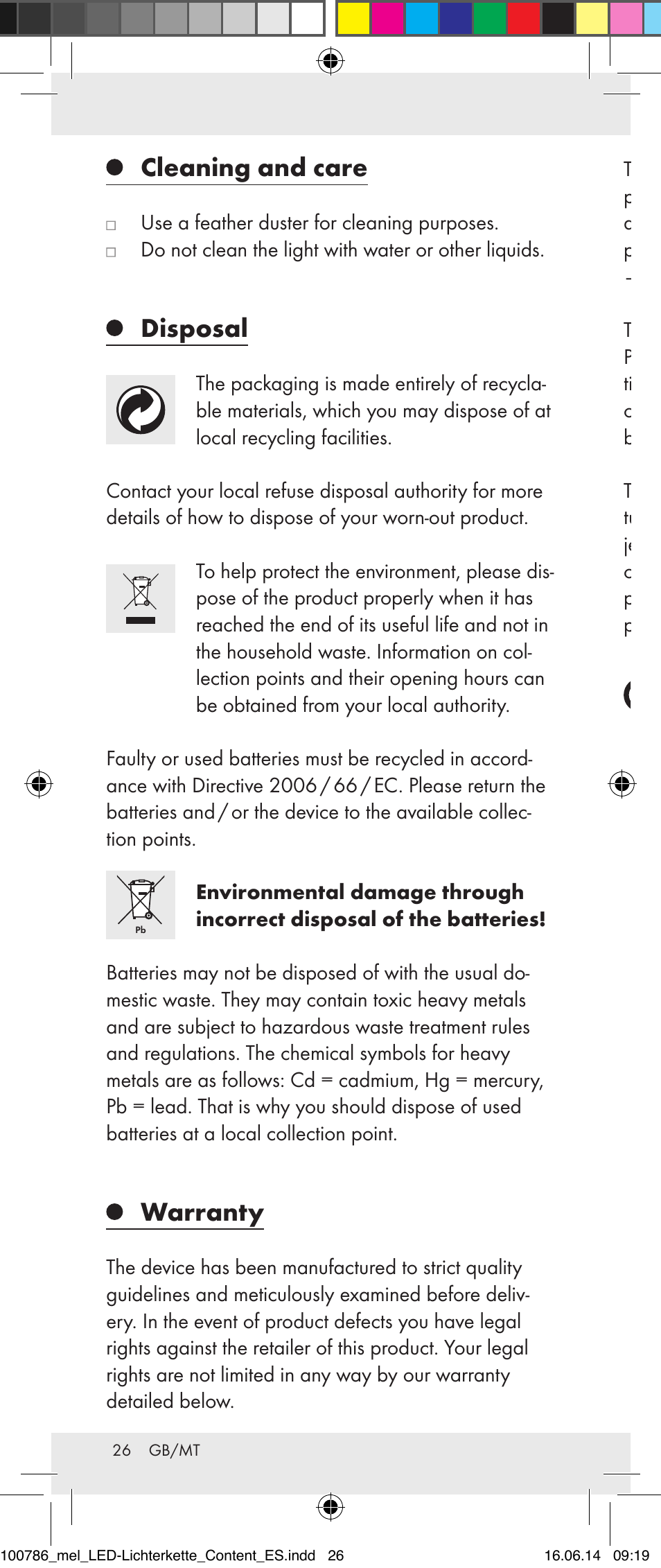 Cleaning and care, Disposal, Warranty | Melinera 100786-14-01/02/03/04/05 User Manual | Page 26 / 34
