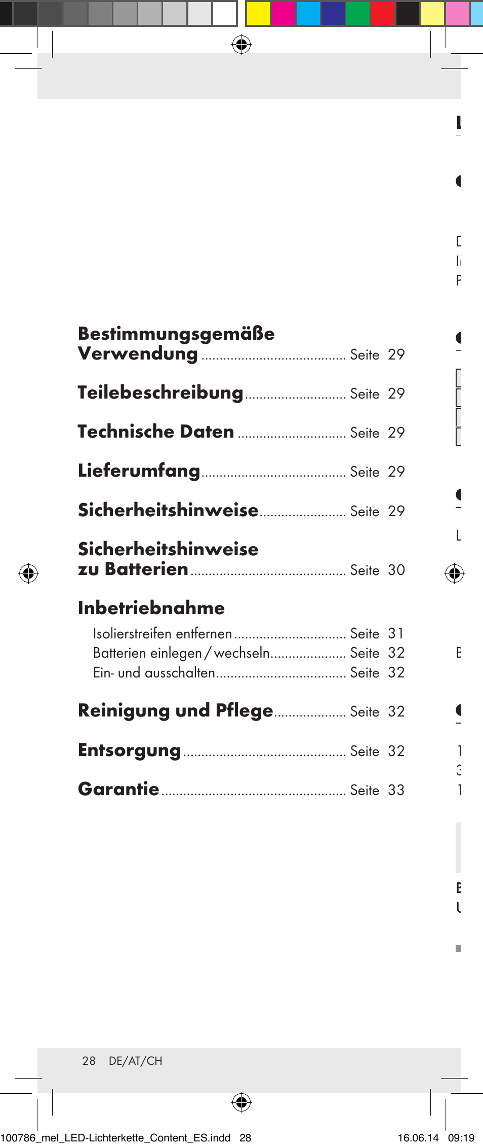 Bestimmungsgemäße verwendung, Teilebeschreibung, Technische daten | Lieferumfang, Sicherheitshinweise, Sicherheitshinweise zu batterien, Inbetriebnahme, Reinigung und pflege, Entsorgung, Garantie | Melinera 100786-14-01/02/03/04/05 User Manual | Page 28 / 34