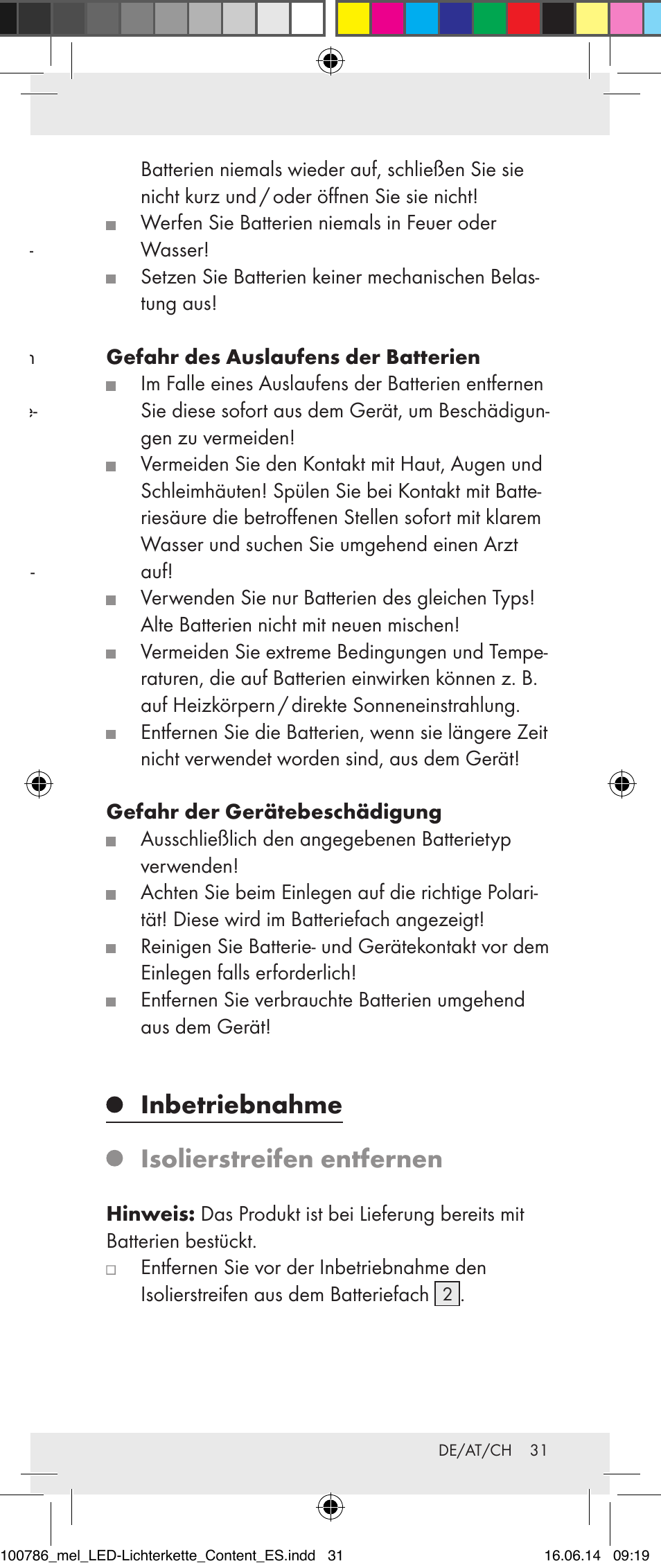 Sicherheitshinweise zu batterien, Inbetriebnahme isolierstreifen entfernen | Melinera 100786-14-01/02/03/04/05 User Manual | Page 31 / 34