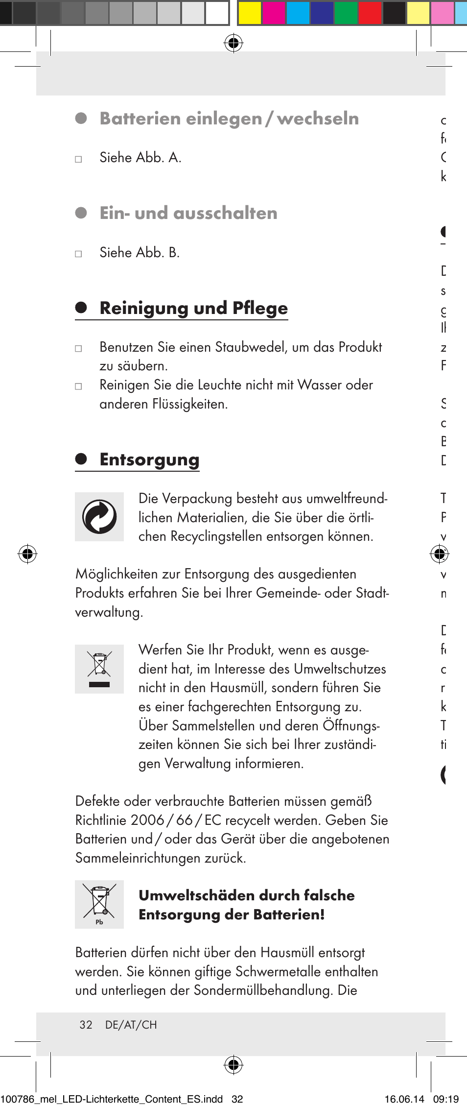 Garantie, Batterien einlegen / wechseln, Ein- und ausschalten | Reinigung und pflege, Entsorgung | Melinera 100786-14-01/02/03/04/05 User Manual | Page 32 / 34