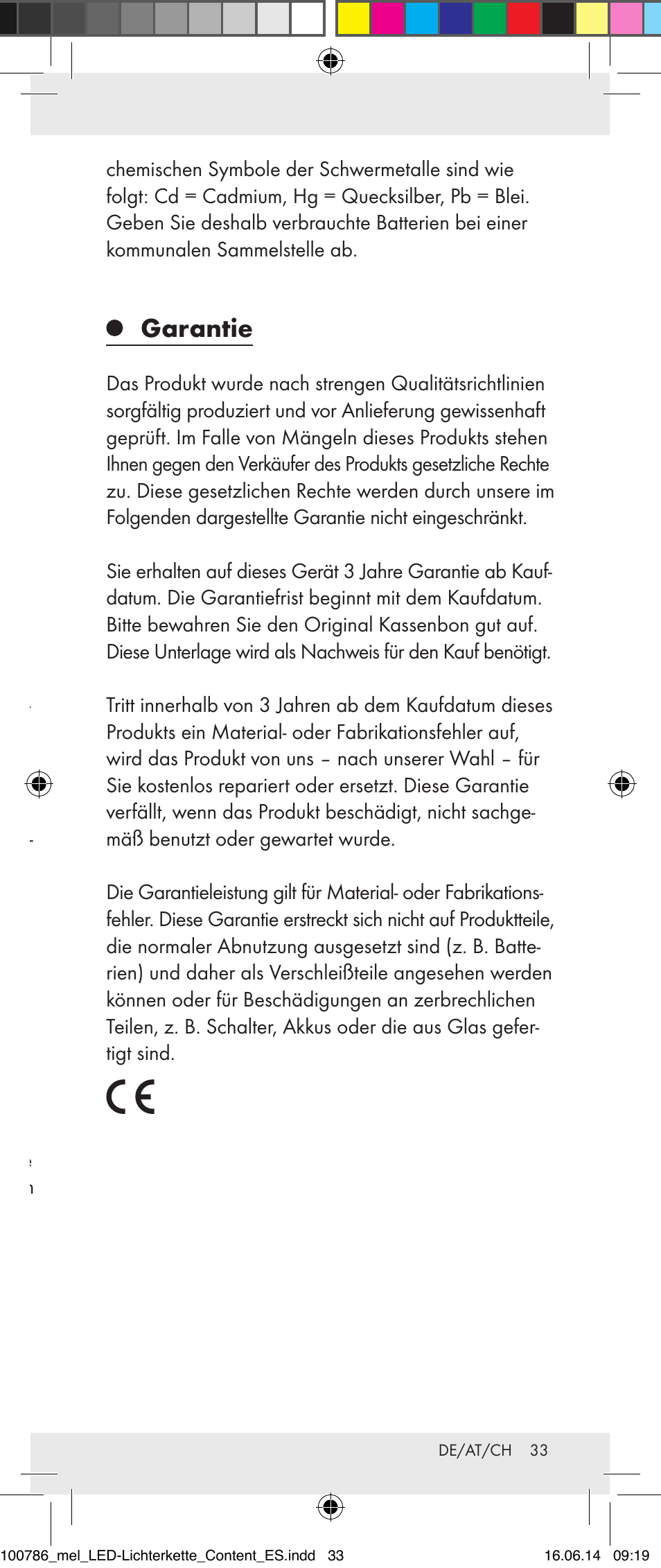 Garantie, Batterien einlegen / wechseln, Ein- und ausschalten | Reinigung und pflege, Entsorgung | Melinera 100786-14-01/02/03/04/05 User Manual | Page 33 / 34