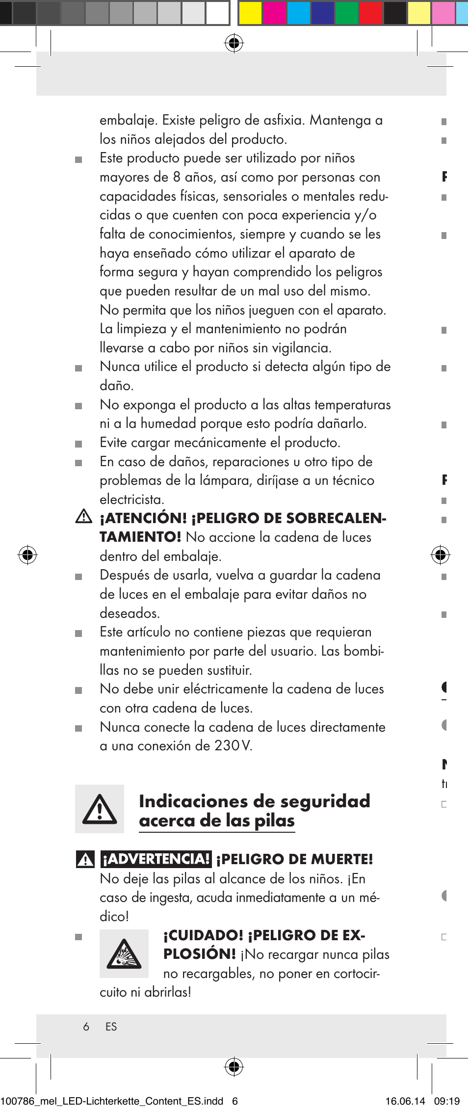 Indicaciones de seguridad acerca de las pilas, Colocación / cambio de las pilas | Melinera 100786-14-01/02/03/04/05 User Manual | Page 6 / 34