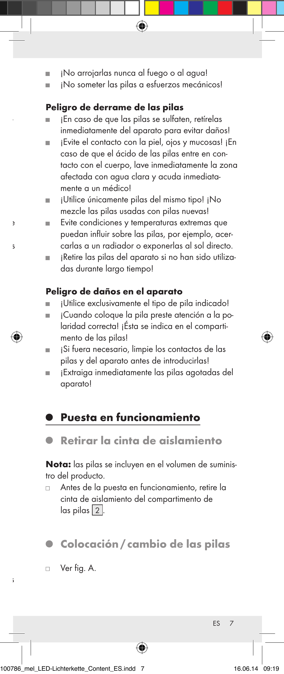 Indicaciones de seguridad acerca de las pilas, Colocación / cambio de las pilas | Melinera 100786-14-01/02/03/04/05 User Manual | Page 7 / 34