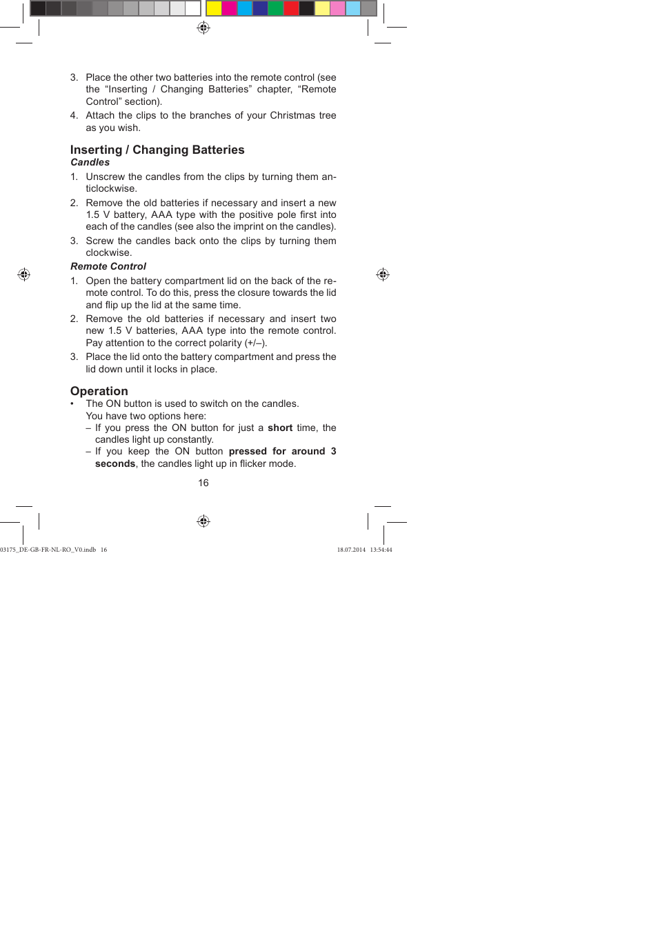 Inserting / changing batteries, Operation | Melinera LED Christmas Tree Lights User Manual | Page 16 / 52