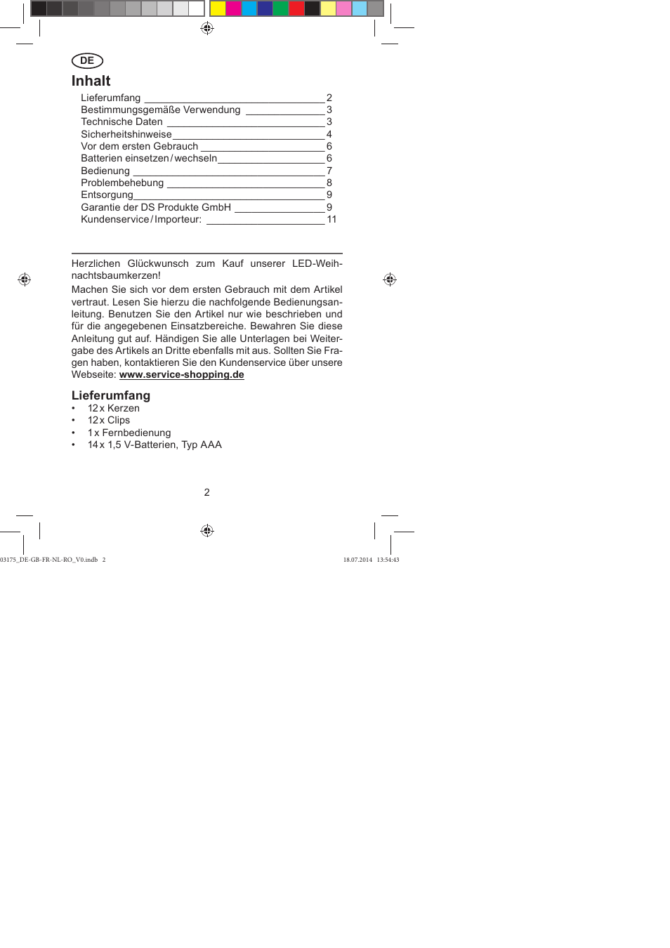 Inhalt, Lieferumfang | Melinera LED Christmas Tree Lights User Manual | Page 2 / 52