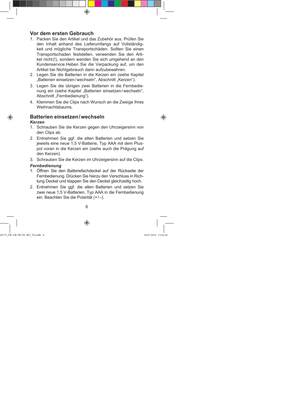 Vor dem ersten gebrauch, Batterien einsetzen / wechseln | Melinera LED Christmas Tree Lights User Manual | Page 6 / 52