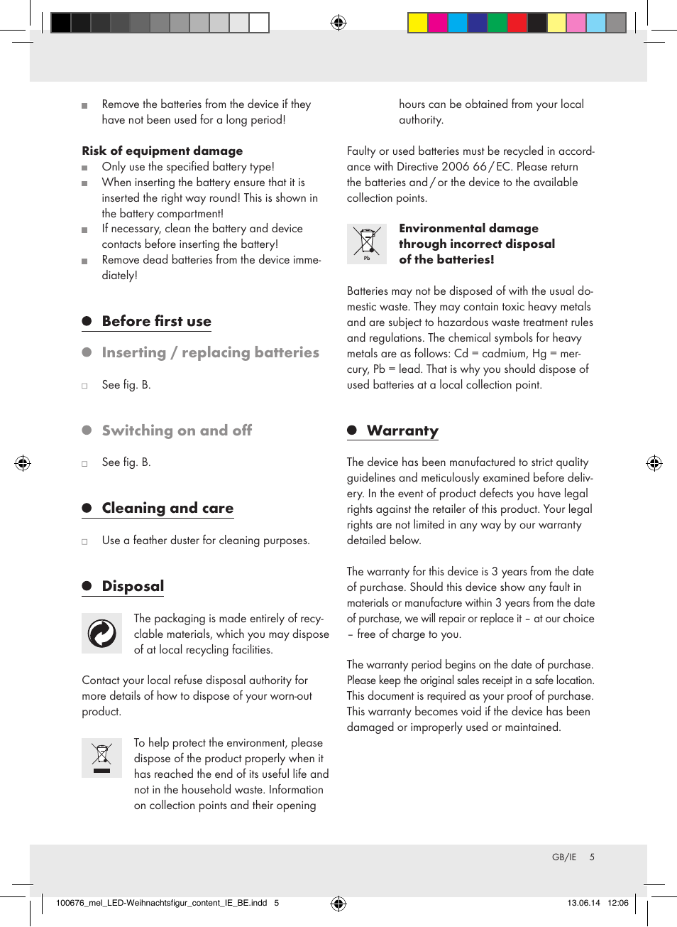 Before first use, Inserting / replacing batteries, Switching on and off | Cleaning and care, Disposal, Warranty | Melinera 100676-14-0х User Manual | Page 5 / 16