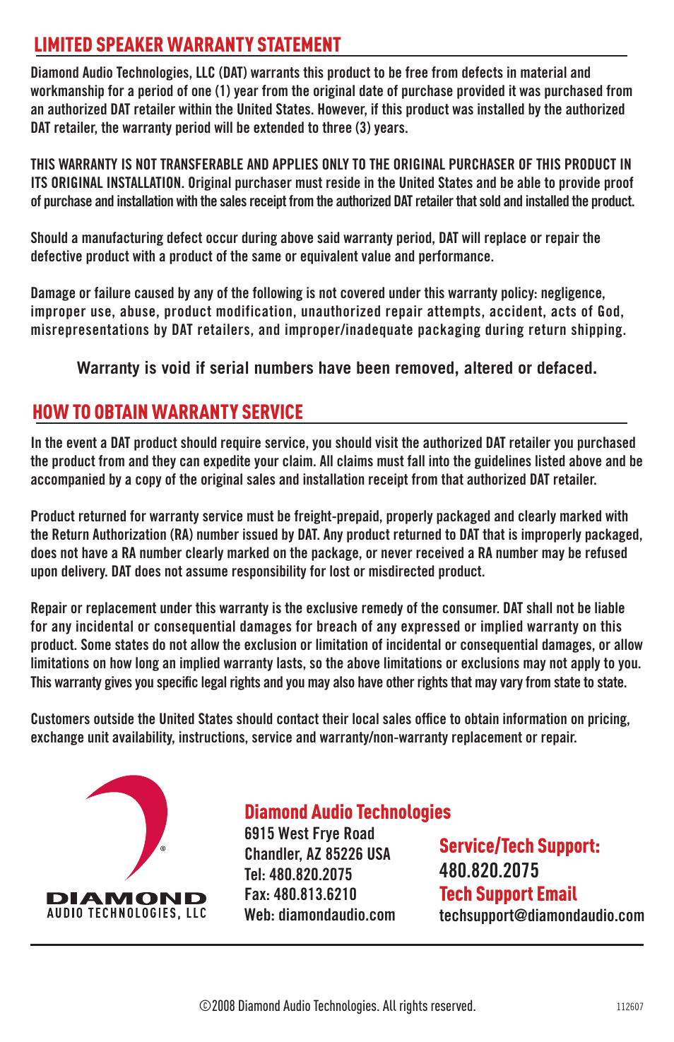 Limited speaker warranty statement, How to obtain warranty service, Diamond audio technologies | Diamond Audio Technology D112 User Manual | Page 4 / 4