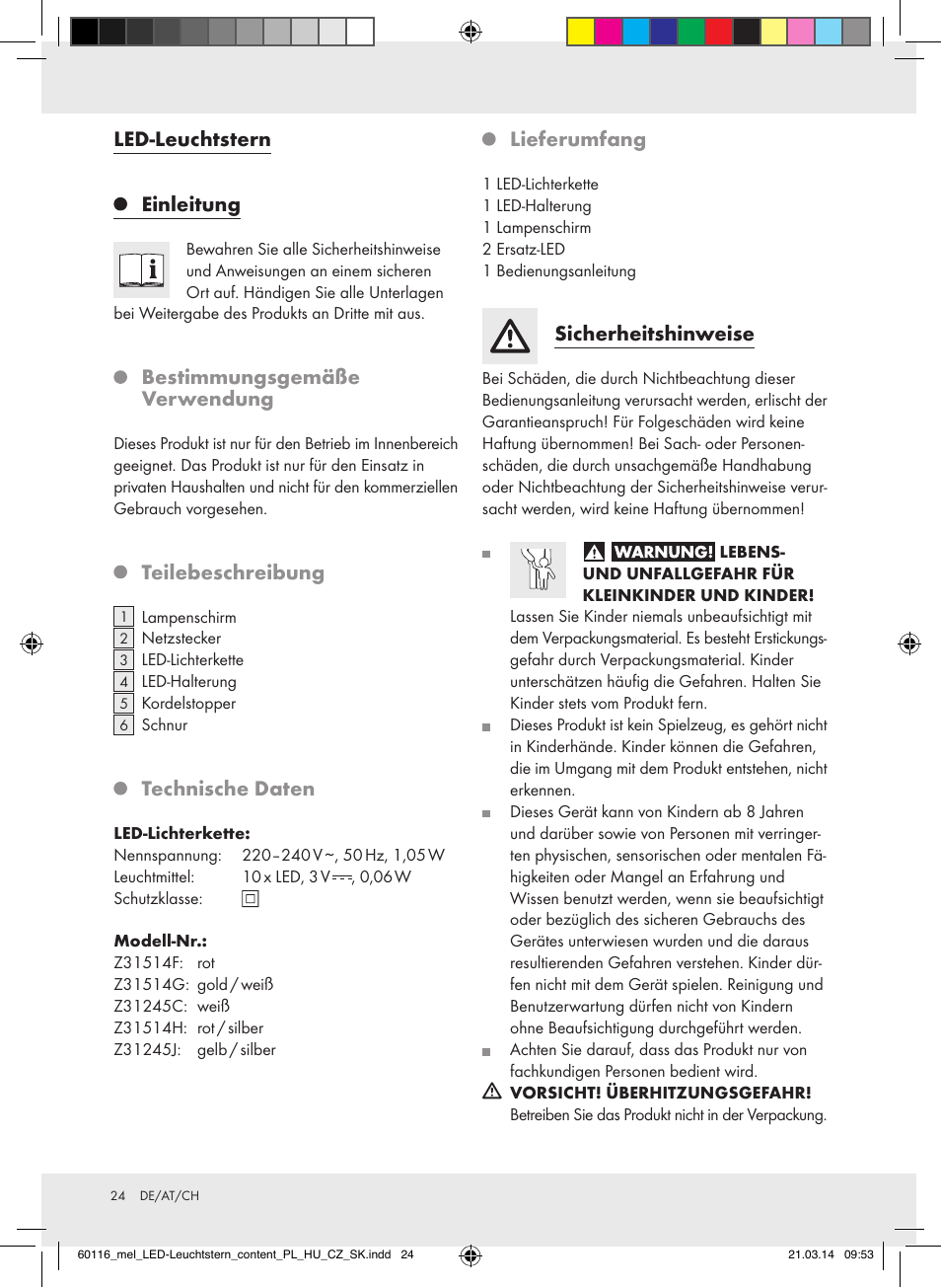 Led-leuchtstern, Einleitung, Bestimmungsgemäße verwendung | Teilebeschreibung, Technische daten, Lieferumfang, Sicherheitshinweise | Melinera Z31514F-BS/Z31514G-BS/Z31245C-BS/ Z31514H-BS/Z31245J-BS User Manual | Page 24 / 27