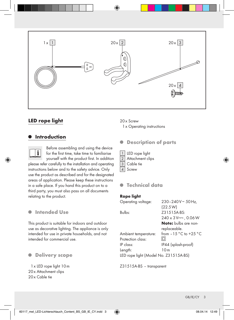 Led rope light introduction, Intended use, Delivery scope | Description of parts, Technical data | Melinera Z31515A-BS User Manual | Page 3 / 11