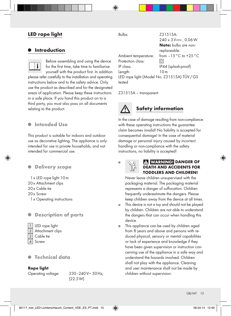 Led rope light introduction, Intended use, Delivery scope | Description of parts, Technical data, Safety information | Melinera Z31515A-BS User Manual | Page 15 / 22