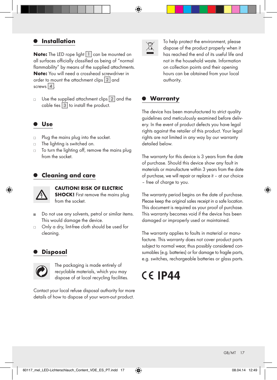 Installation, Cleaning and care, Disposal | Warranty | Melinera Z31515A-BS User Manual | Page 17 / 22