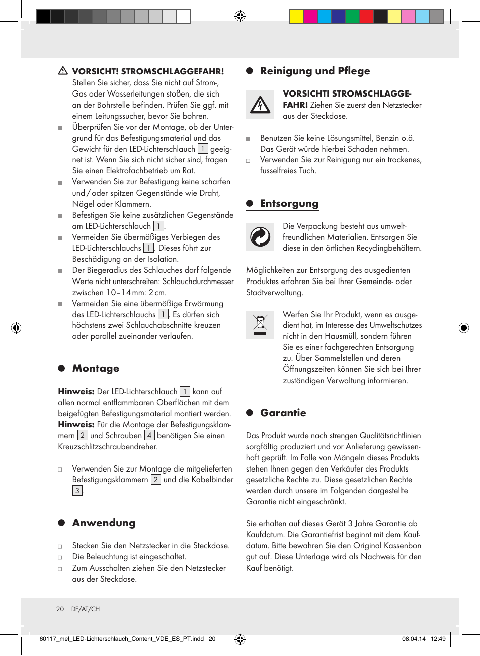 Montage, Anwendung, Reinigung und pflege | Entsorgung, Garantie | Melinera Z31515A-BS User Manual | Page 20 / 22