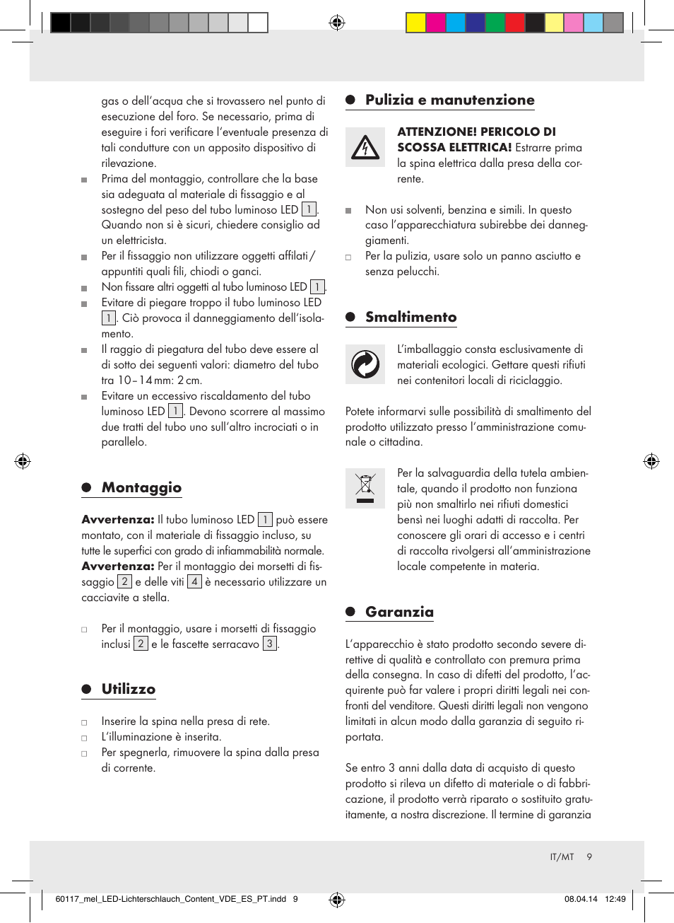 Montaggio, Utilizzo, Pulizia e manutenzione | Smaltimento, Garanzia | Melinera Z31515A-BS User Manual | Page 9 / 22