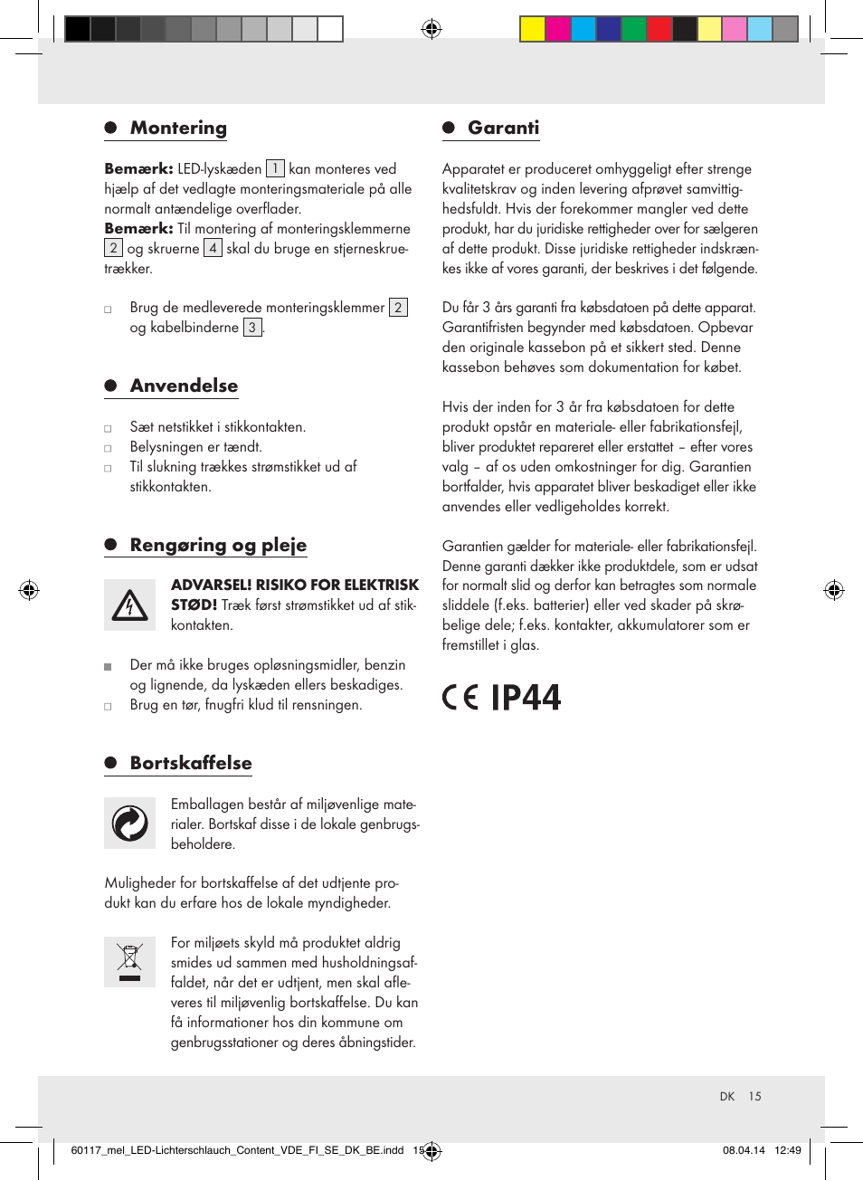 Montering, Anvendelse, Rengøring og pleje | Bortskaffelse, Garanti | Melinera Z31515A-BS User Manual | Page 15 / 28