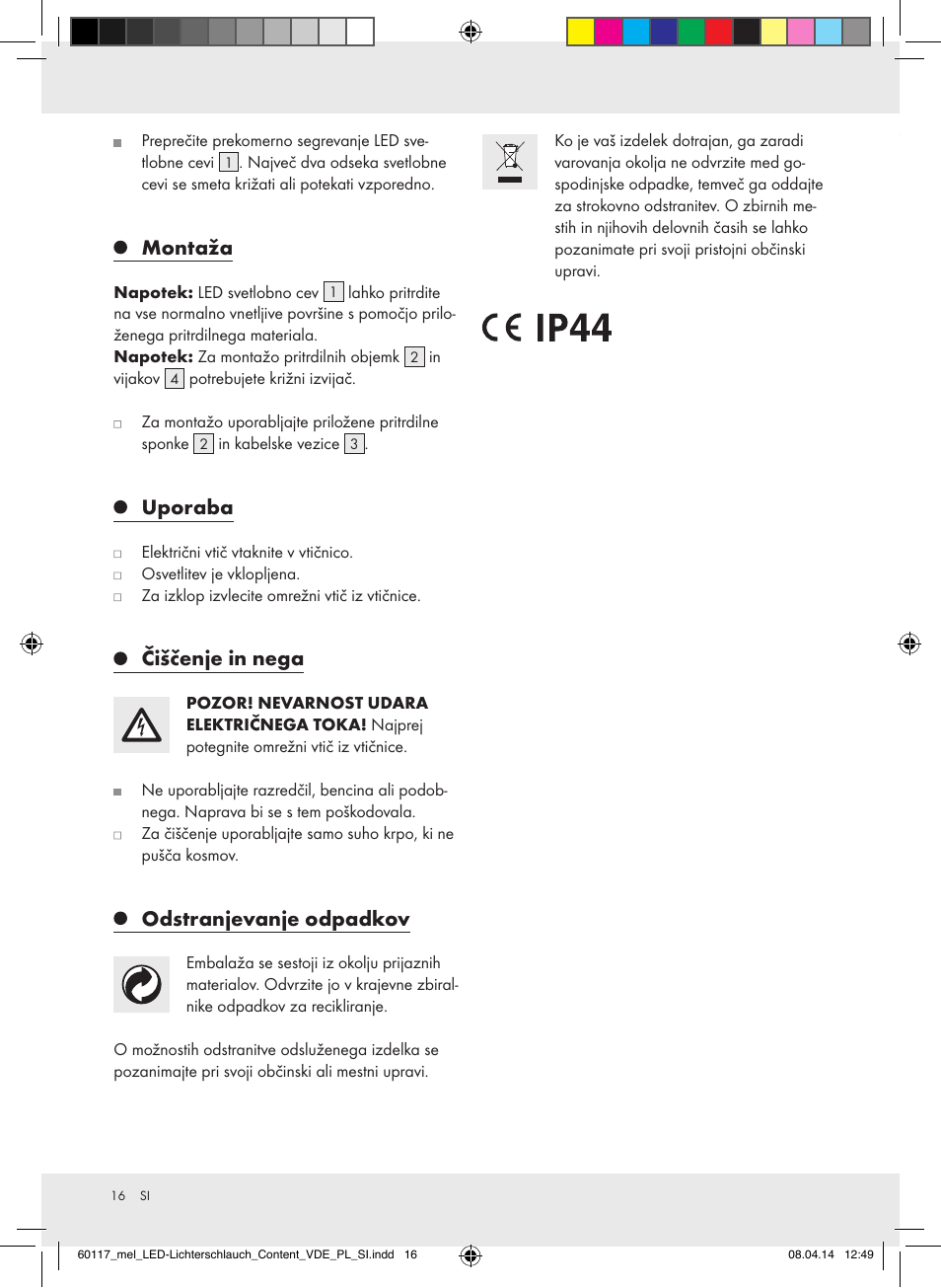 Montaža, Uporaba, Čiščenje in nega | Odstranjevanje odpadkov | Melinera Z31515A-BS User Manual | Page 16 / 29