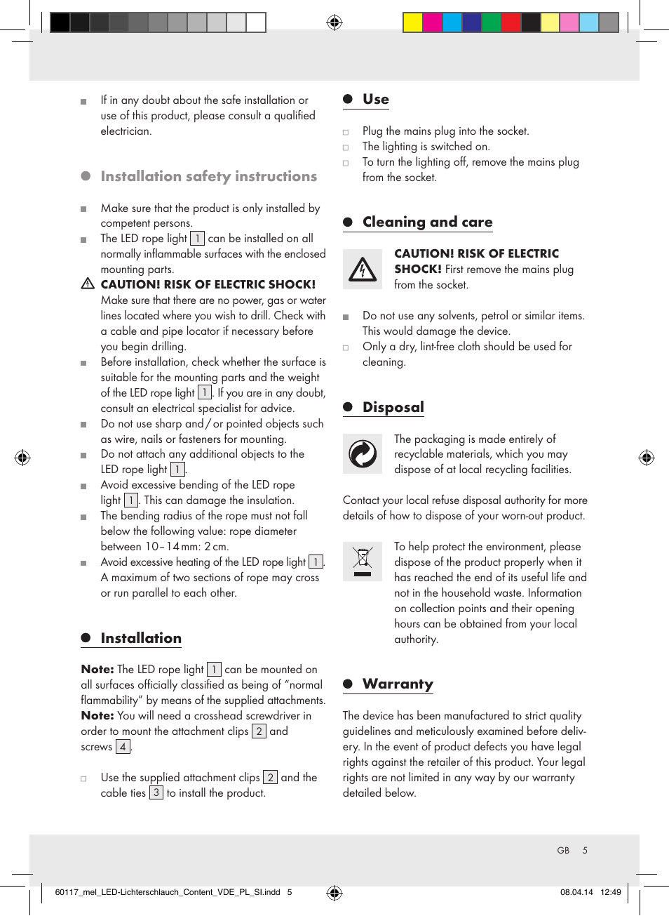 Installation safety instructions, Installation, Cleaning and care | Disposal, Warranty | Melinera Z31515A-BS User Manual | Page 5 / 29