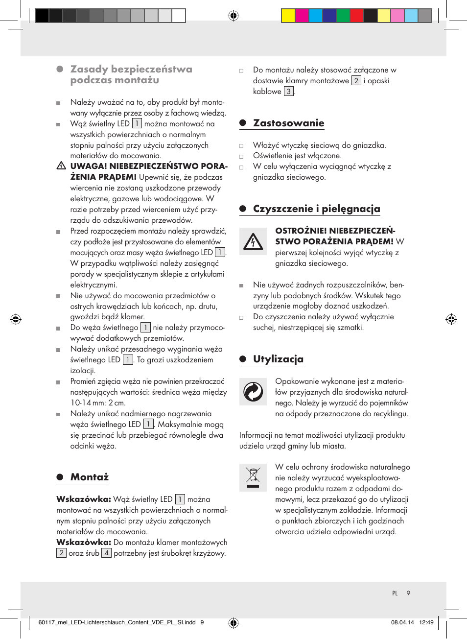 Zasady bezpieczeństwa podczas montażu, Montaż, Zastosowanie | Czyszczenie i pielęgnacja, Utylizacja | Melinera Z31515A-BS User Manual | Page 9 / 29