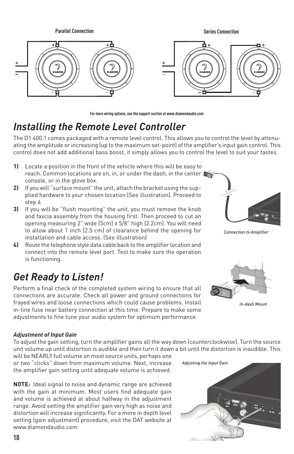 Installing the remote level controller, Get ready to listen | Diamond Audio Technology D1 400.1 User Manual | Page 10 / 12