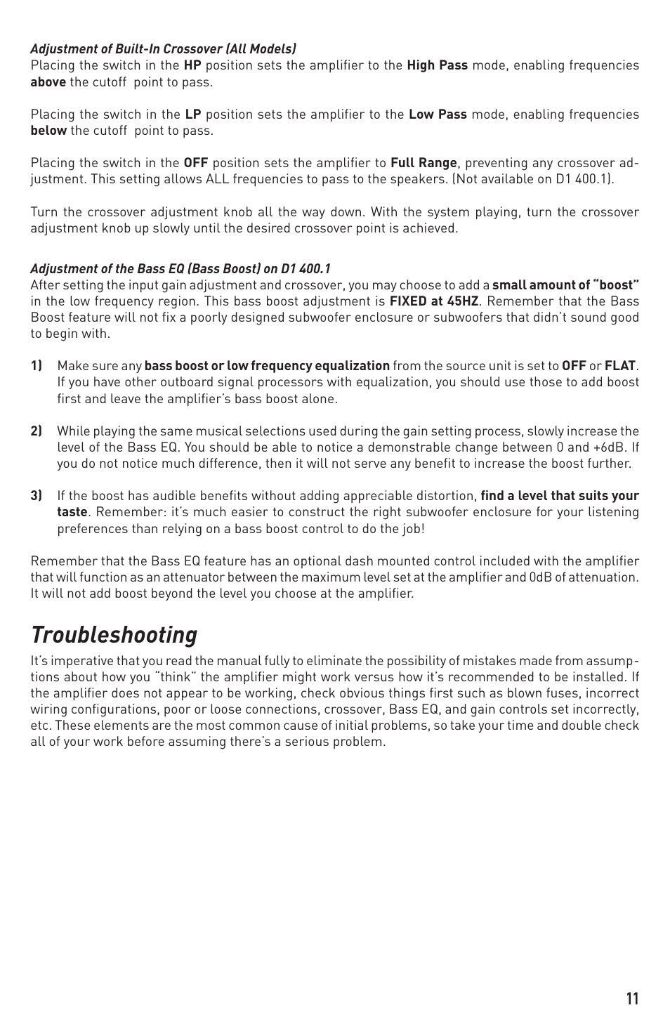 Troubleshooting | Diamond Audio Technology D1 400.1 User Manual | Page 11 / 12