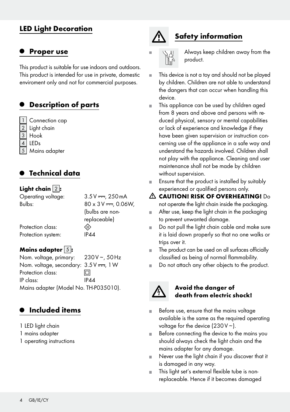 Led light decoration, Proper use, Description of parts | Technical data, Included items, Safety information | Melinera Z31513-BS User Manual | Page 4 / 11