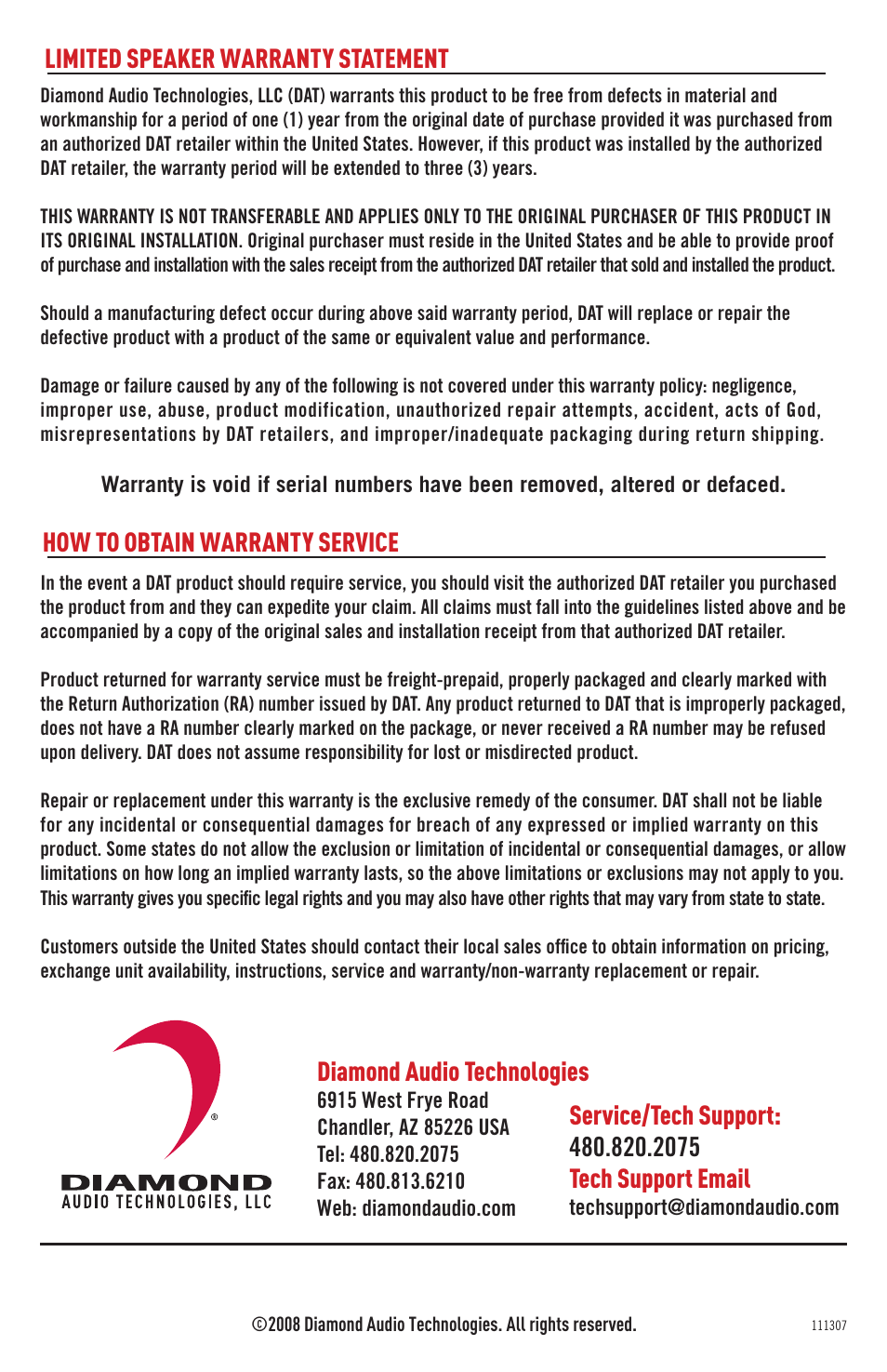 Limited speaker warranty statement, How to obtain warranty service, Diamond audio technologies | Diamond Audio Technology S104 User Manual | Page 4 / 4