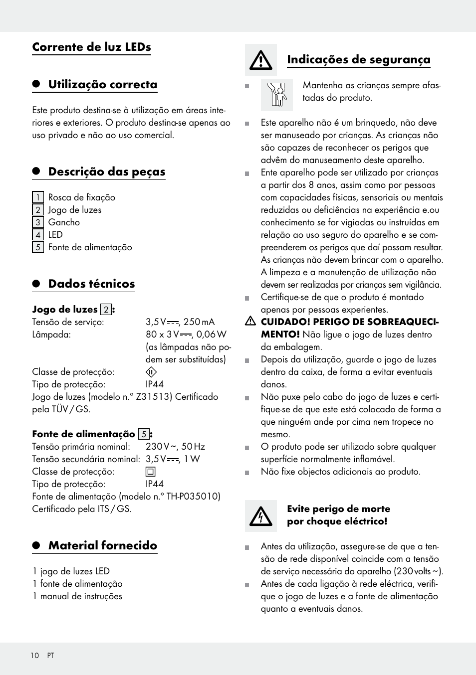 Corrente de luz leds, Utilização correcta, Descrição das peças | Dados técnicos, Material fornecido, Indicações de segurança | Melinera Z31513-BS User Manual | Page 10 / 19