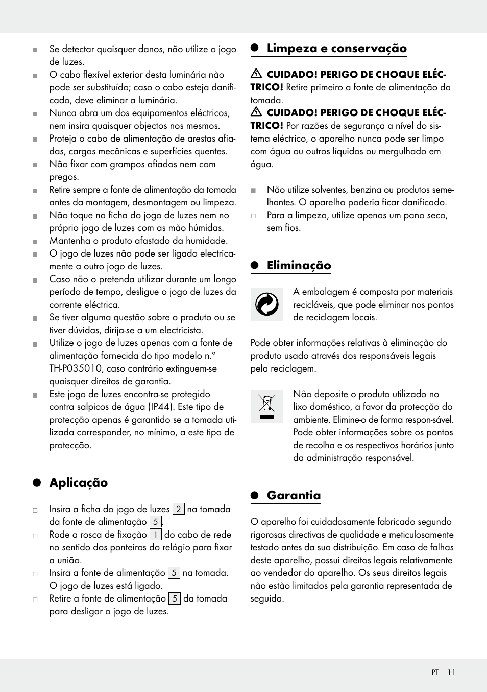 Aplicação, Limpeza e conservação, Eliminação | Garantia | Melinera Z31513-BS User Manual | Page 11 / 19