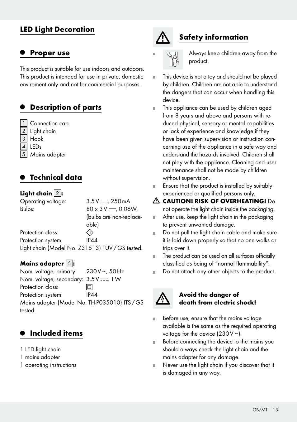 Led light decoration, Proper use, Description of parts | Technical data, Included items, Safety information | Melinera Z31513-BS User Manual | Page 13 / 19