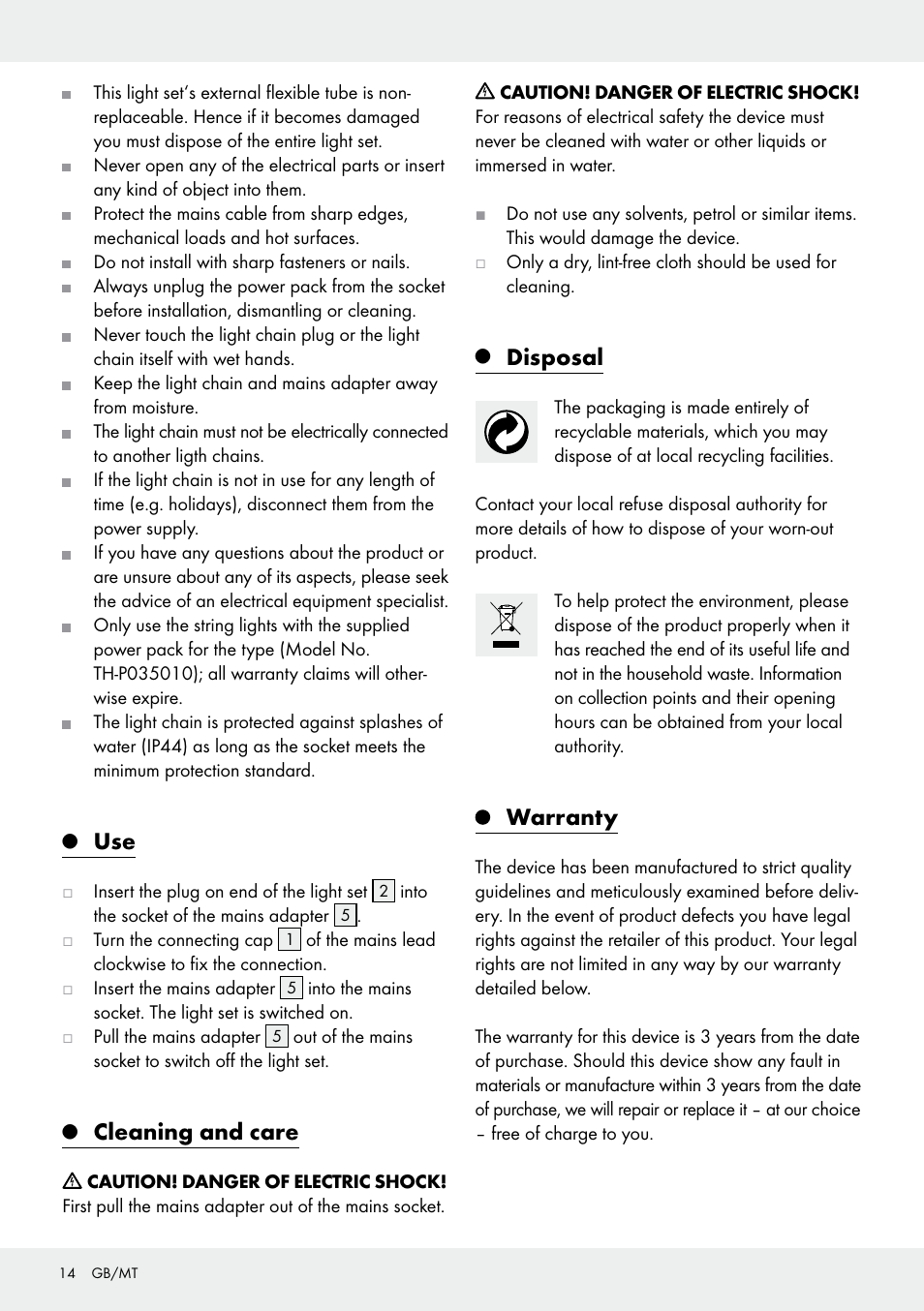 Cleaning and care, Disposal, Warranty | Melinera Z31513-BS User Manual | Page 14 / 19