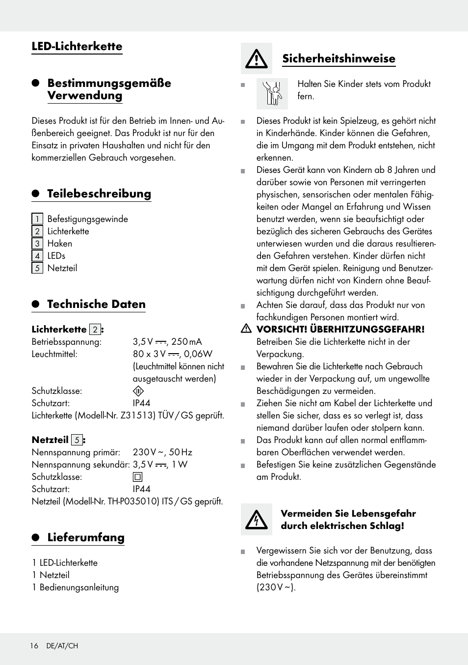 Led-lichterkette bestimmungsgemäße verwendung, Teilebeschreibung, Technische daten | Lieferumfang, Sicherheitshinweise | Melinera Z31513-BS User Manual | Page 16 / 19