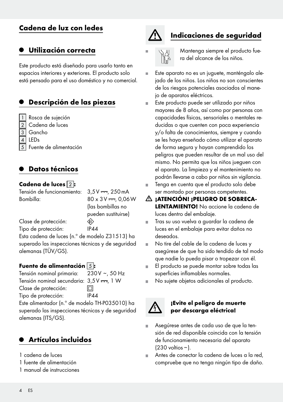 Cadena de luz con ledes, Utilización correcta, Descripción de las piezas | Datos técnicos, Artículos incluidos, Indicaciones de seguridad | Melinera Z31513-BS User Manual | Page 4 / 19