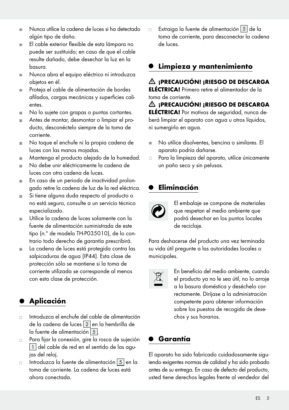 Aplicación, Limpieza y mantenimiento, Eliminación | Garantía | Melinera Z31513-BS User Manual | Page 5 / 19
