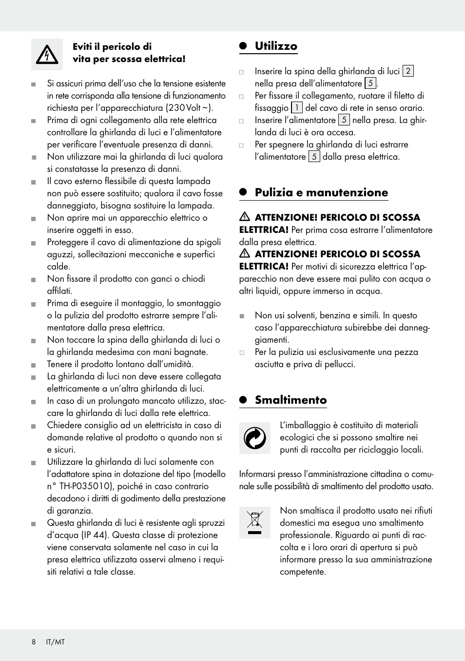 Utilizzo, Pulizia e manutenzione, Smaltimento | Melinera Z31513-BS User Manual | Page 8 / 19