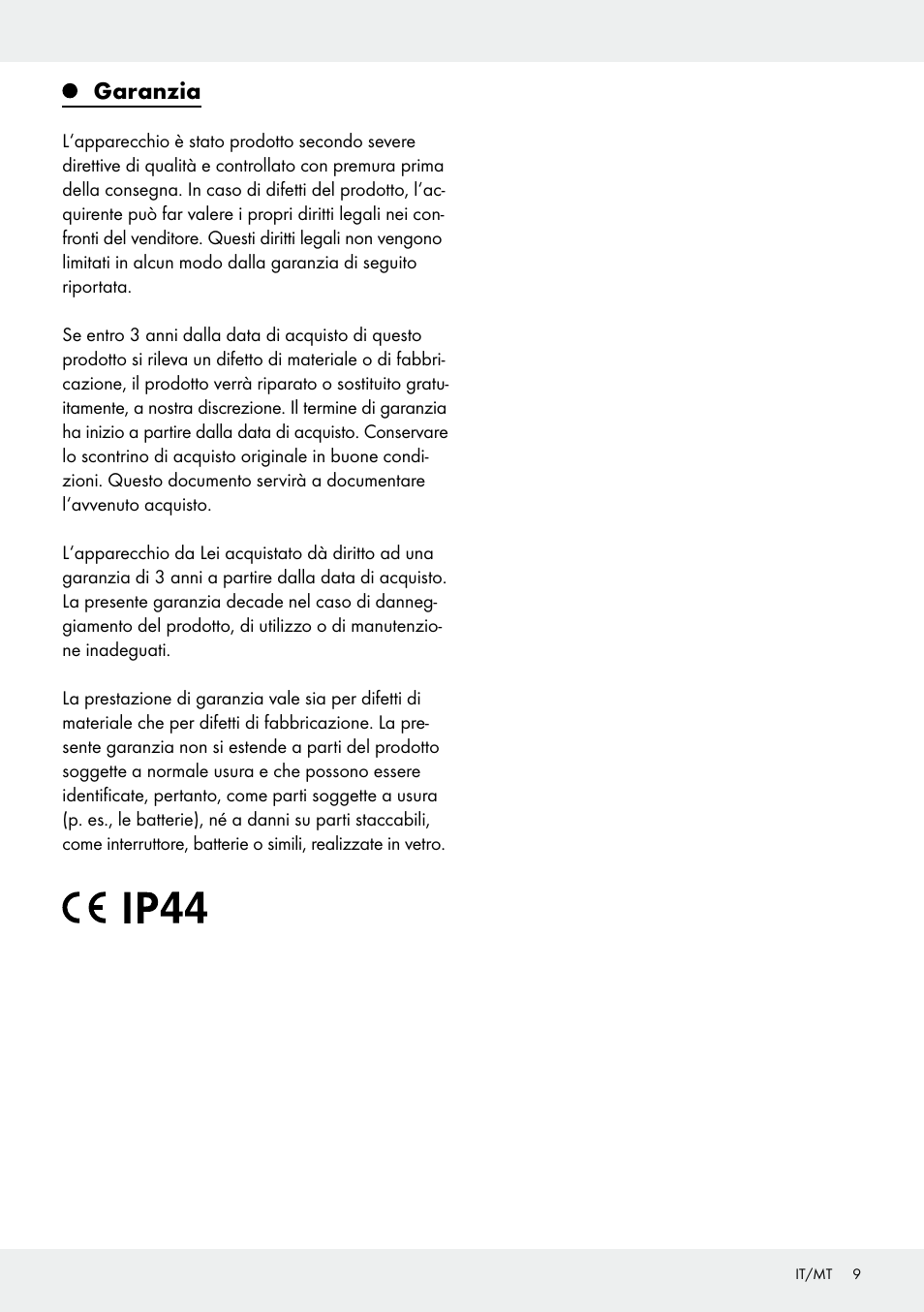Garanzia | Melinera Z31513-BS User Manual | Page 9 / 19