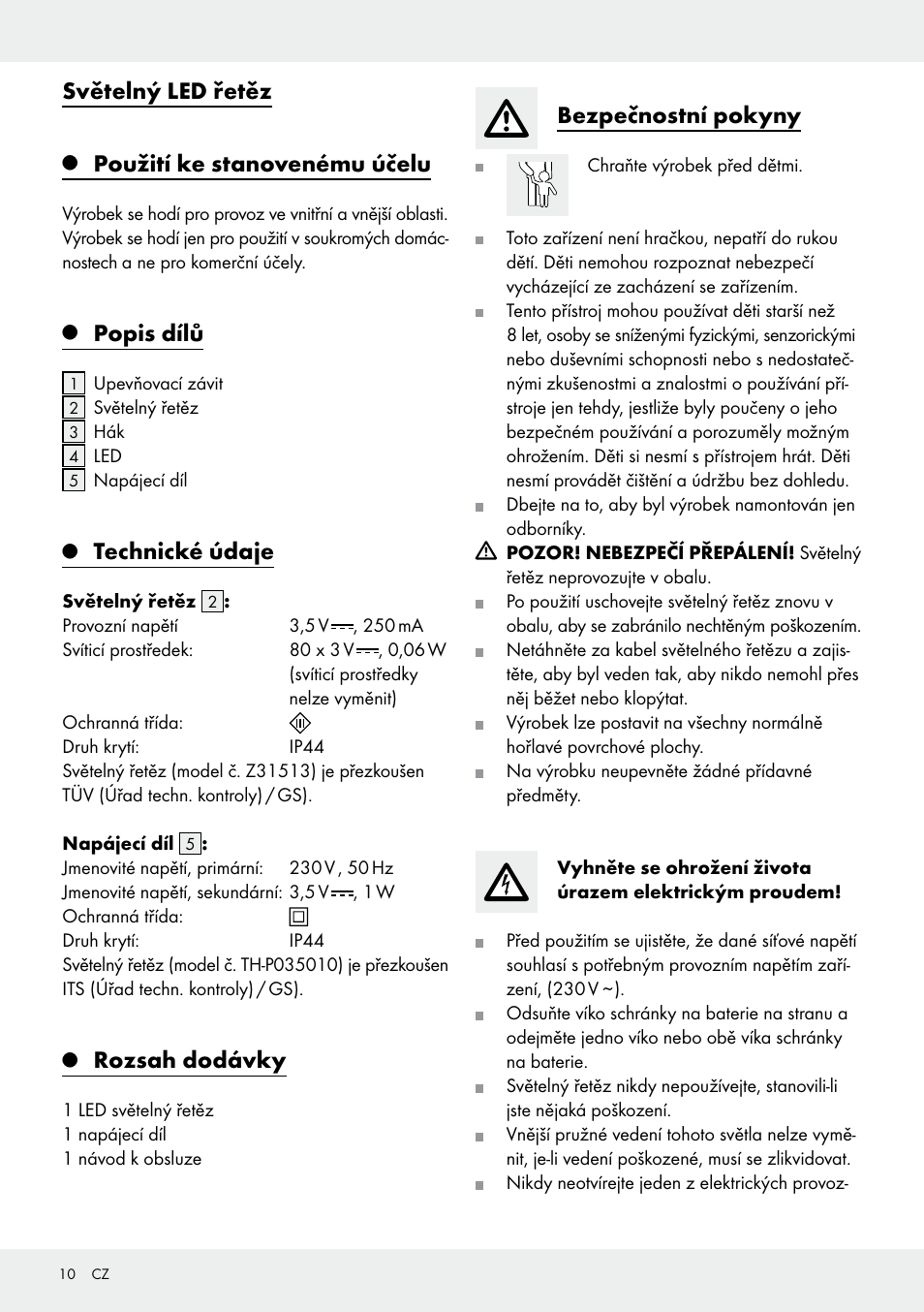 Světelný led řetěz, Použití ke stanovenému účelu, Popis dílů | Technické údaje, Rozsah dodávky, Bezpečnostní pokyny | Melinera Z31513-BS User Manual | Page 10 / 19
