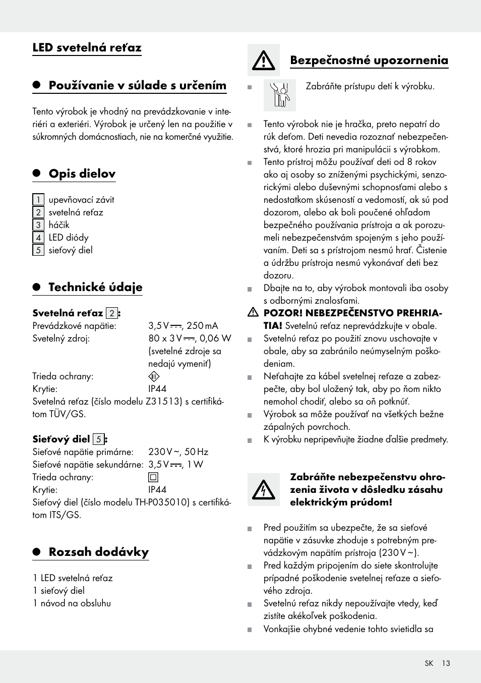 Led svetelná reťaz, Používanie v súlade s určením, Opis dielov | Technické údaje, Rozsah dodávky, Bezpečnostné upozornenia | Melinera Z31513-BS User Manual | Page 13 / 19