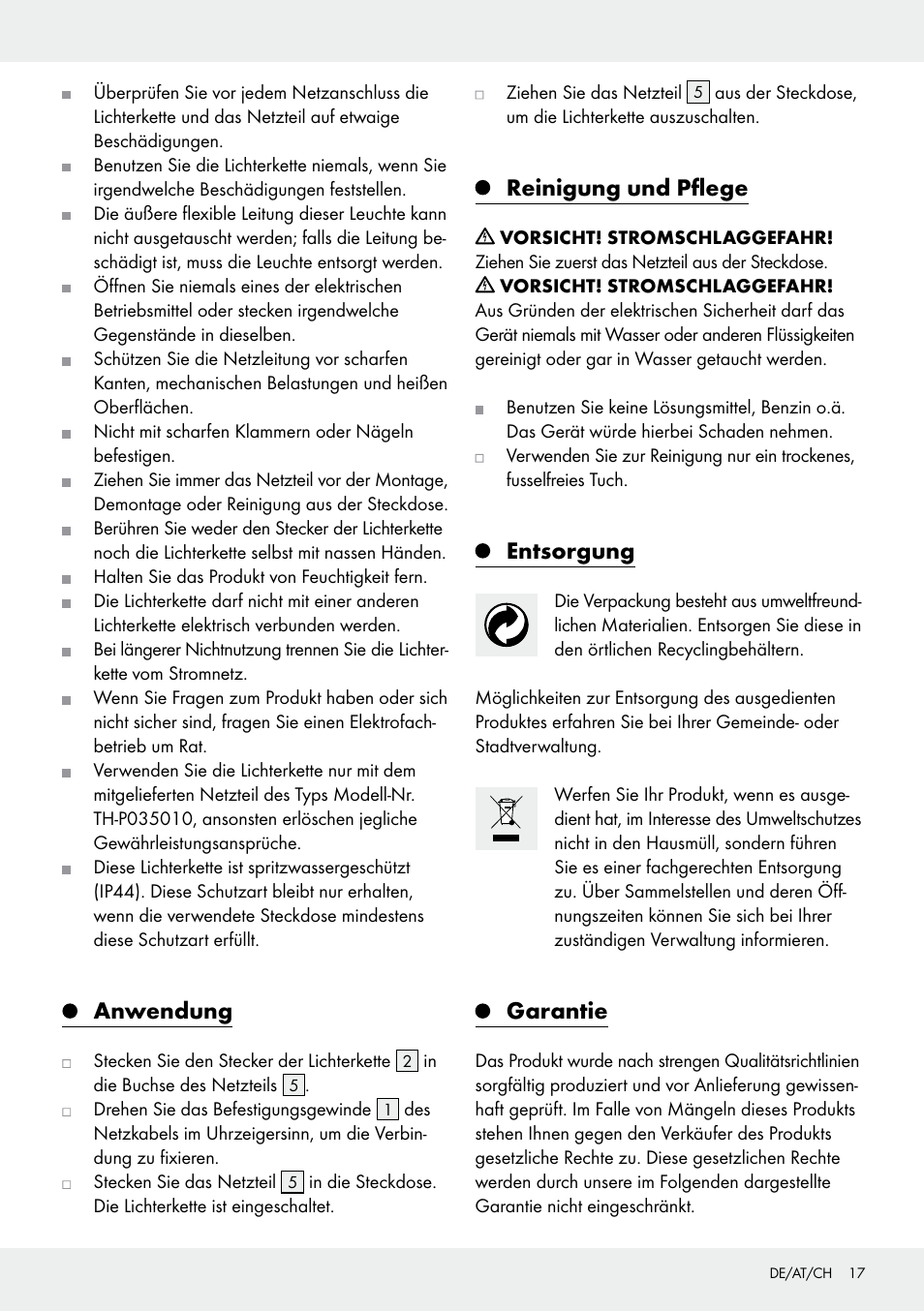 Anwendung, Reinigung und pflege, Entsorgung | Garantie | Melinera Z31513-BS User Manual | Page 17 / 19