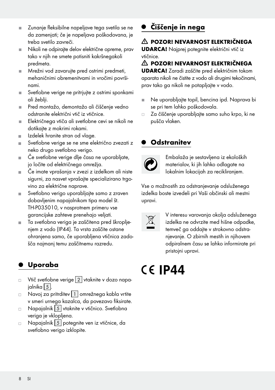 Uporaba, Čiščenje in nega, Odstranitev | Melinera Z31513-BS User Manual | Page 8 / 19