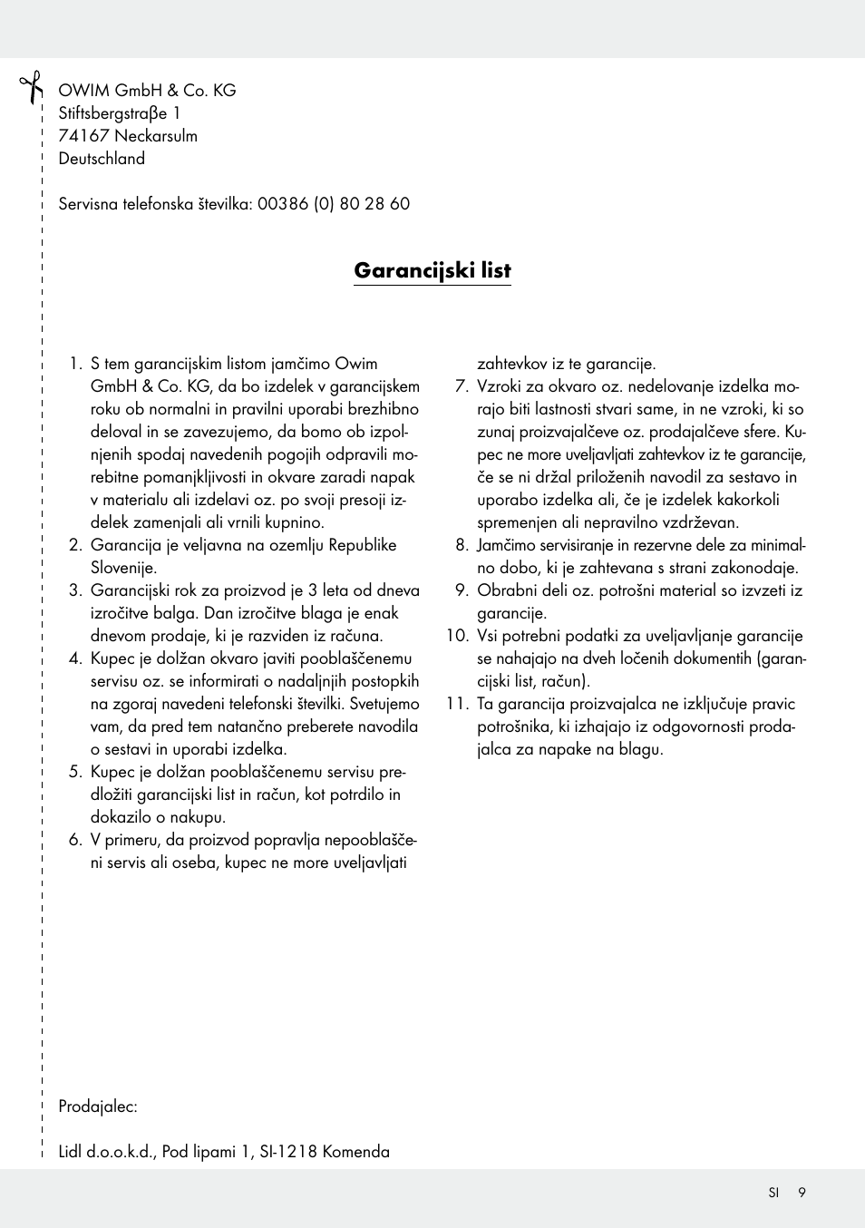 Garancijski list | Melinera Z31513-BS User Manual | Page 9 / 19