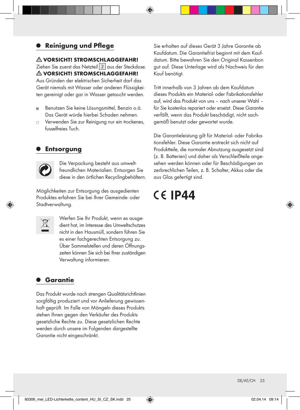 Reinigung und pflege, Entsorgung, Garantie | Melinera Z30251-BS User Manual | Page 25 / 26