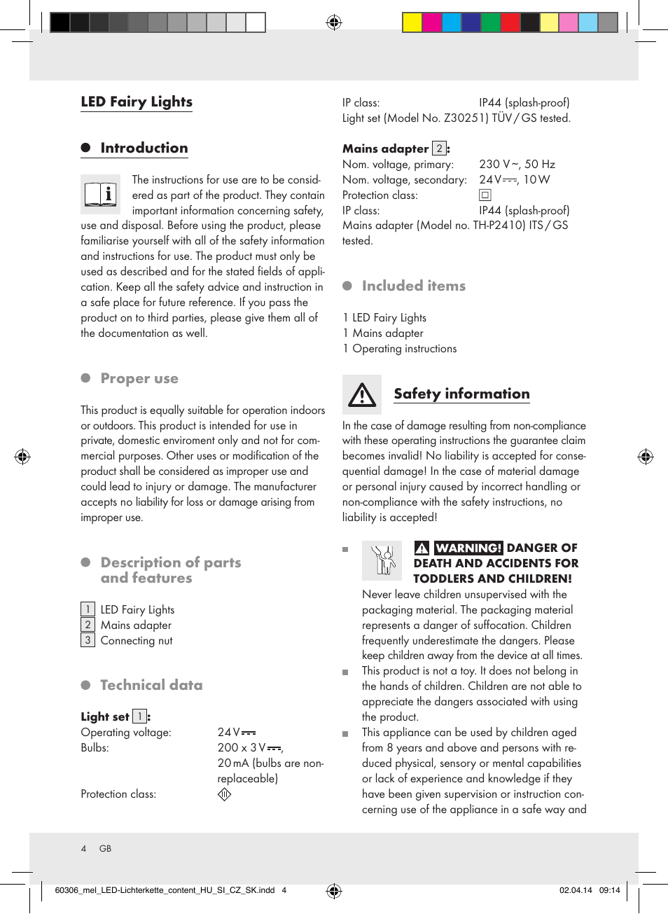 Led fairy lights, Introduction, Proper use | Description of parts and features, Technical data, Included items, Safety information | Melinera Z30251-BS User Manual | Page 4 / 26