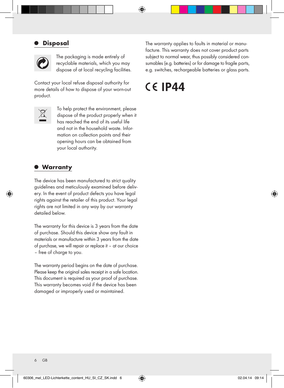 Disposal, Warranty | Melinera Z30251-BS User Manual | Page 6 / 26