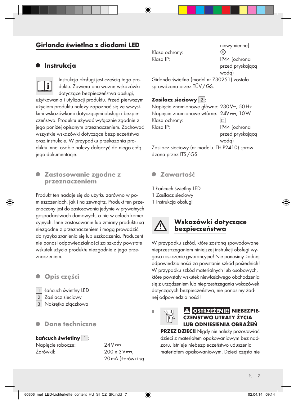 Girlanda świetlna z diodami led instrukcja, Zastosowanie zgodne z przeznaczeniem, Opis części | Dane techniczne, Zawartość, Wskazówki dotyczące bezpieczeństwa | Melinera Z30251-BS User Manual | Page 7 / 26