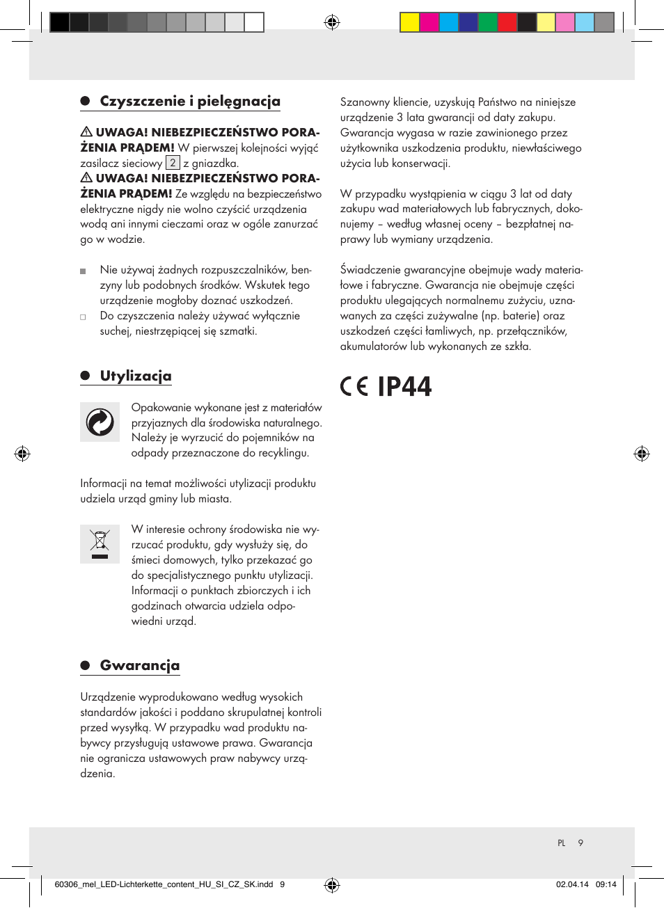 Czyszczenie i pielęgnacja, Utylizacja, Gwarancja | Melinera Z30251-BS User Manual | Page 9 / 26