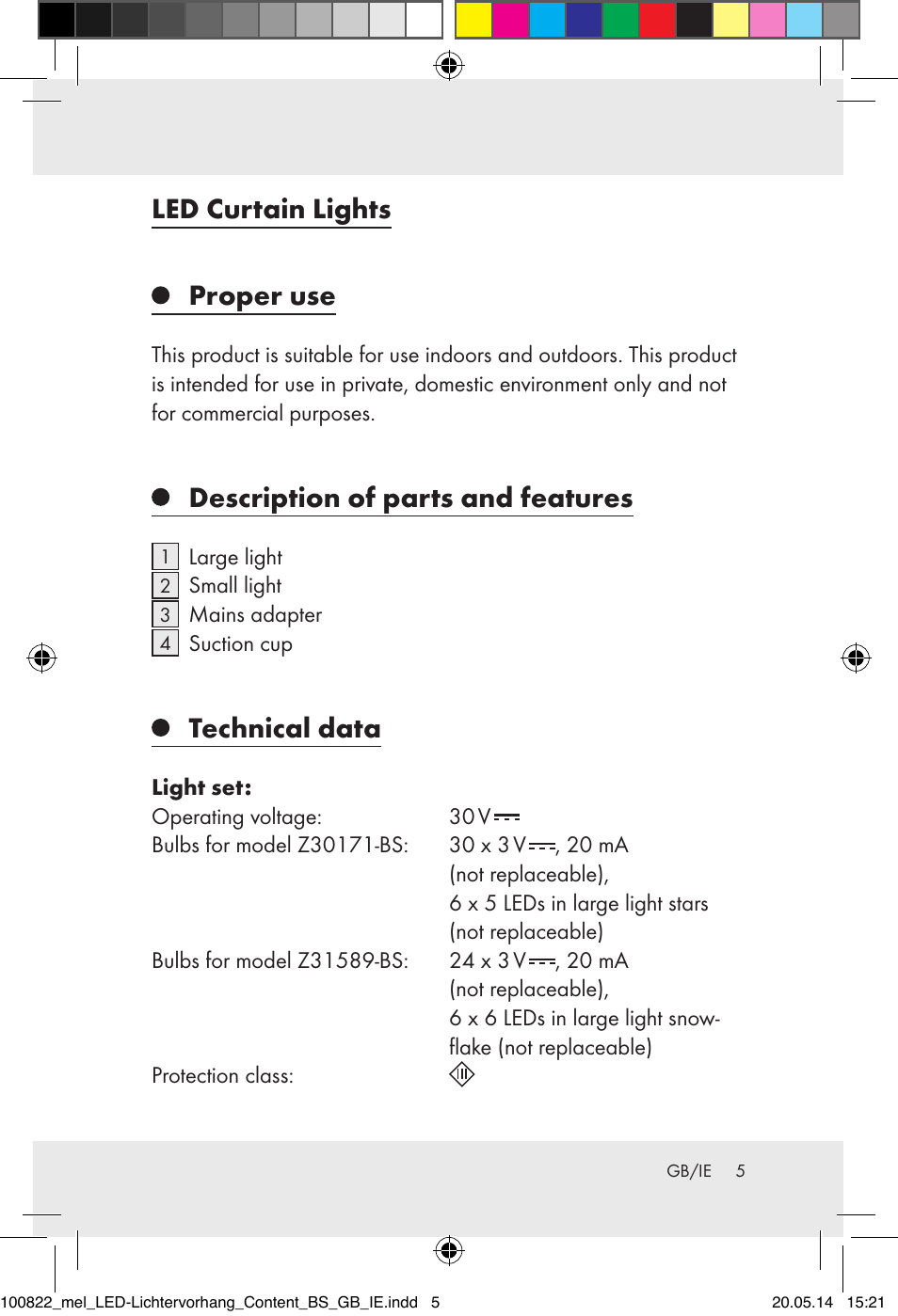 Led curtain lights, Proper use, Description of parts and features | Technical data | Melinera Z30171-BS/Z31589-BS User Manual | Page 5 / 11