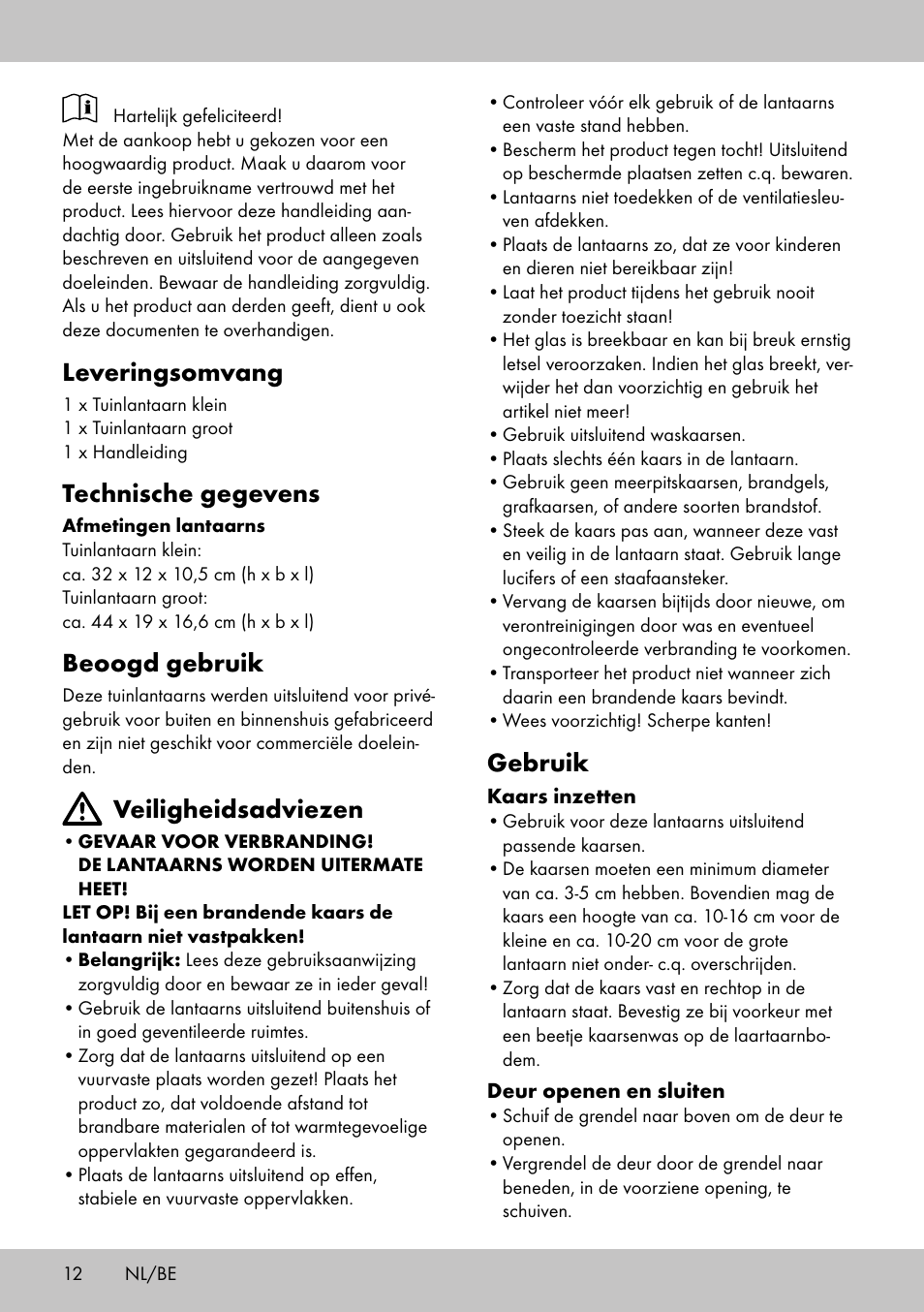 Leveringsomvang, Technische gegevens, Beoogd gebruik | Veiligheidsadviezen, Gebruik | Melinera LS-1662 User Manual | Page 12 / 16