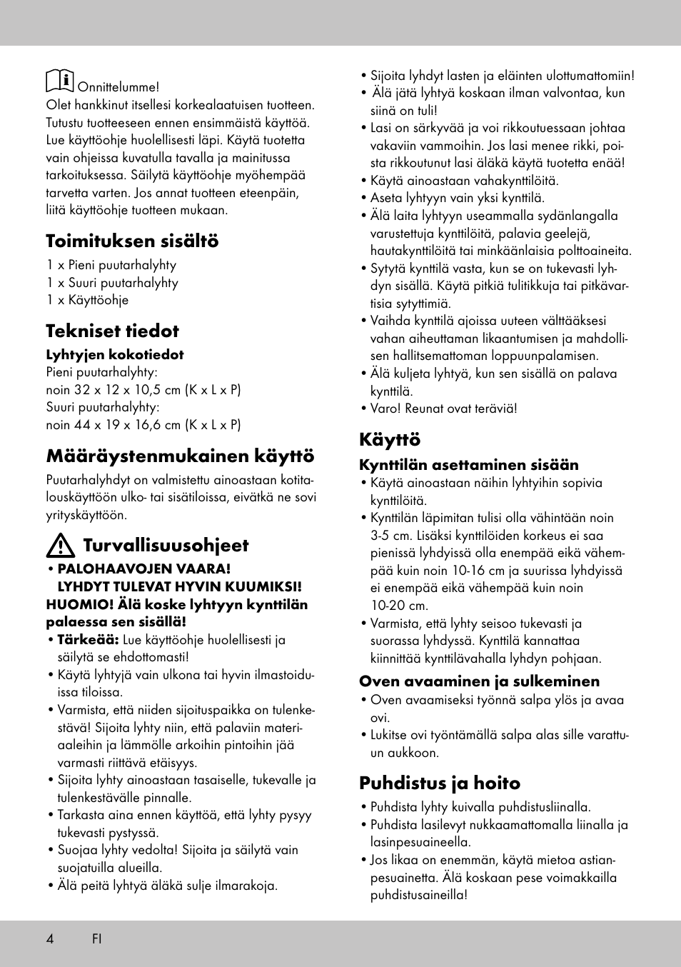 Toimituksen sisältö, Tekniset tiedot, Määräystenmukainen käyttö | Turvallisuusohjeet, Käyttö, Puhdistus ja hoito | Melinera LS-1662 User Manual | Page 4 / 16