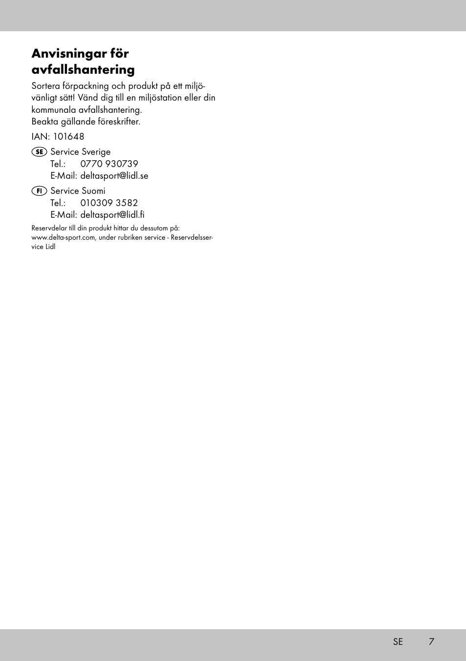 Anvisningar för avfallshantering | Melinera LS-1662 User Manual | Page 7 / 16