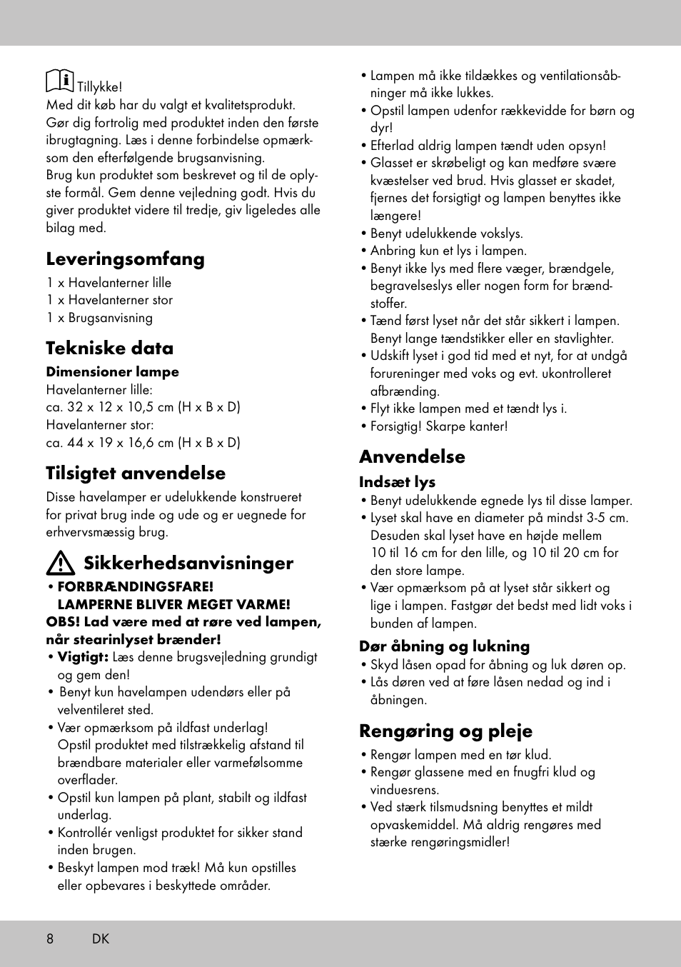 Leveringsomfang, Tekniske data, Tilsigtet anvendelse | Sikkerhedsanvisninger, Anvendelse, Rengøring og pleje | Melinera LS-1662 User Manual | Page 8 / 16